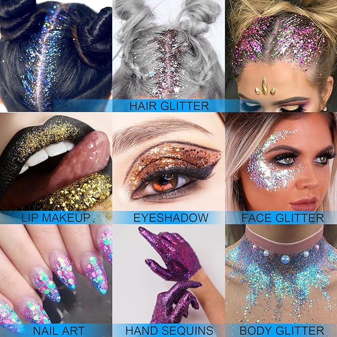 Holographic Face Glitter Gel Body Shimmer Makeup for for Hair, Face, Clavicle, Arm, Nail, Eyeshadow, Long Lasting Waterproof Mermaid Sequins Party Glitter for Rave Festival, 1.35oz (Ice Blue #4)
