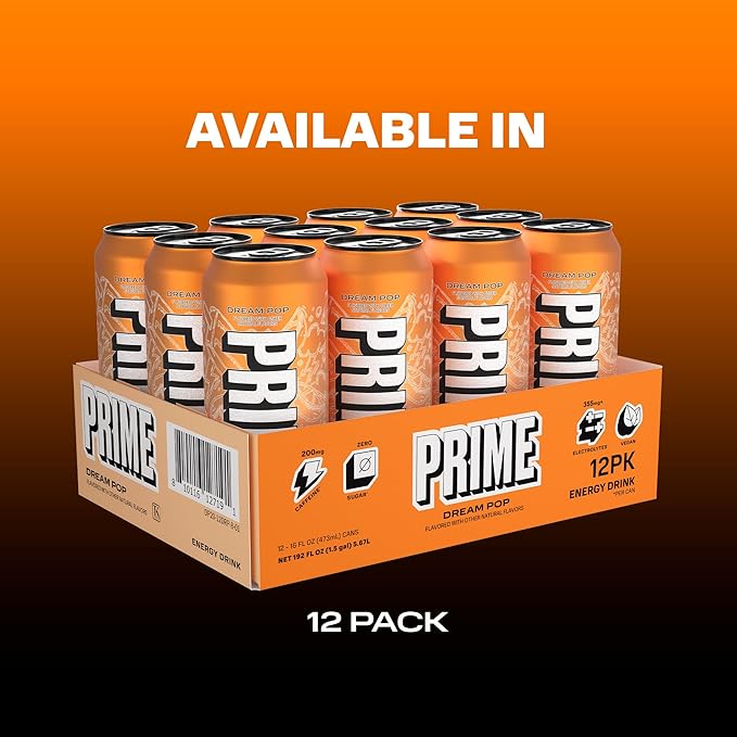 PRIME Energy DREAMPOP, Zero Sugar Energy Drink, 200mg Caffeine and 300mg of Electrolytes for Hydration, for Hydration, Vegan, Gluten Free,16 Fluid Ounce, 12 Pack