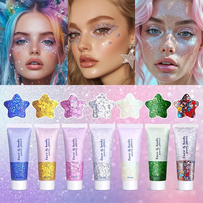 Body Face Glitter Makeup for Kids Women, Sparkly Chunky Hair Glitter, Mermaid Birthday Decorations Rave Outfits for Women (Pink Body Glitter)