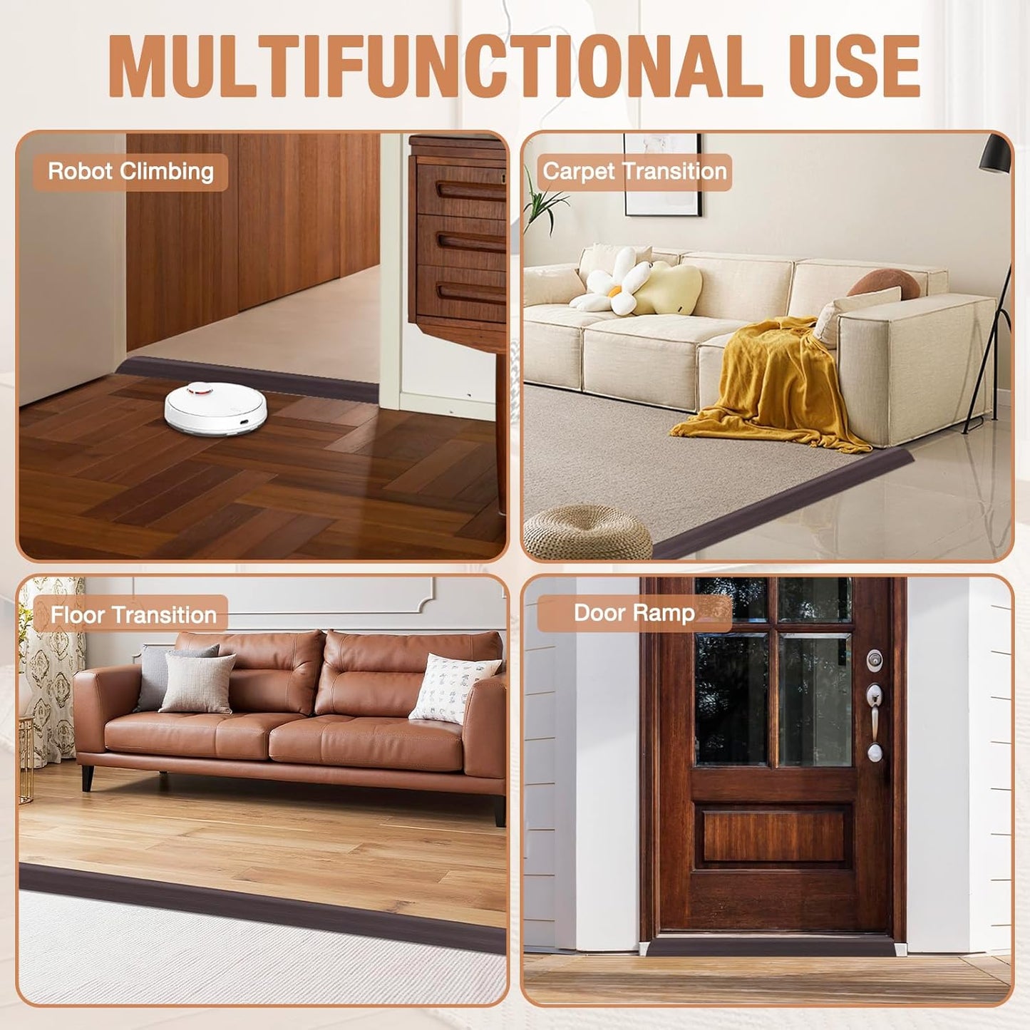 Floor Transition Strip Self Adhesive Vinyl Door Threshold for Doorways Carpet Edging Trim Overlap Edge Reducer for Laminate Floor, Carpet, Tile (Dark Walnut Grain, 3/5" to 4/5", 3.3Ft)