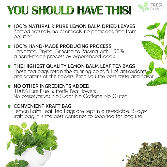 FreshDrinkUS, Premium 120 Lemon Balm Leaf Tea Bags, 100% Natural & Pure from Lemon Balm Leaves. Loose Leaf Lemon Balm Herbal Tea. Lemon Balm Leaf Tea. No Sugar, No Caffeine, No Gluten, Vegan. Lemon Balm Tea