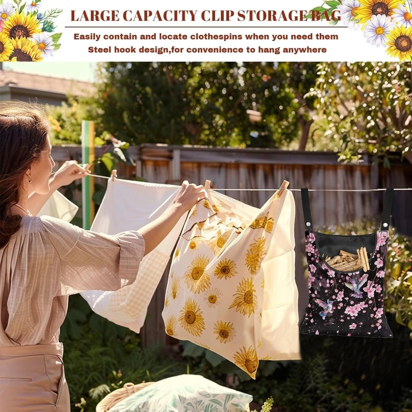 Waterproof Clothespin Bag with Hanger Hook Cherry Blossom Hummingbird - Large Opening Organizer for Balcony, Laundry Room & Apartment Use