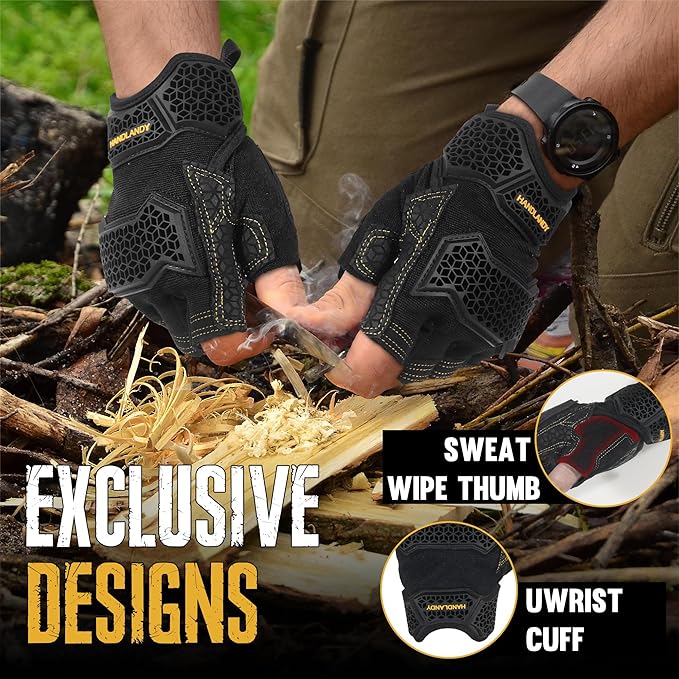 HANDLANDY Fingerless Framer Work Gloves for Men, Utility Grip Paded Gloves for Tactical Shooting Airsoft Hunting Driving (Black- 3 Fingerless, Medium (Pack of 1))