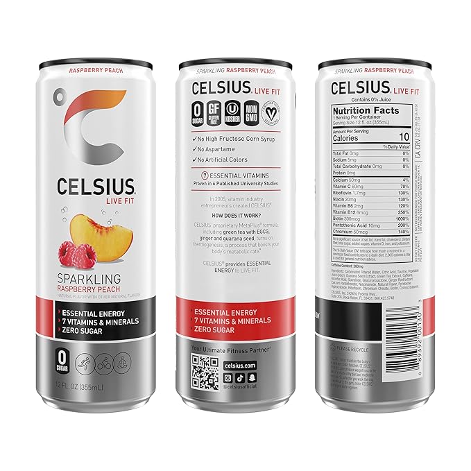 CELSIUS Sparkling Raspberry Peach, Sugar Free Energy Drink, 12 Fl Oz (Pack of 12)