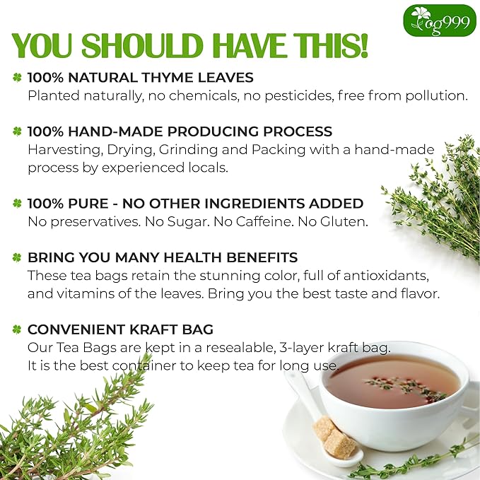 TOG999, Premium 120 Thyme Leaf Tea Bags, 100% Natural & Pure Thyme Leaves. Loose Leaf Thyme Herbal Tea. Thyme Leaf Tea. No Sugar, No Caffeine, No Gluten, Vegan.