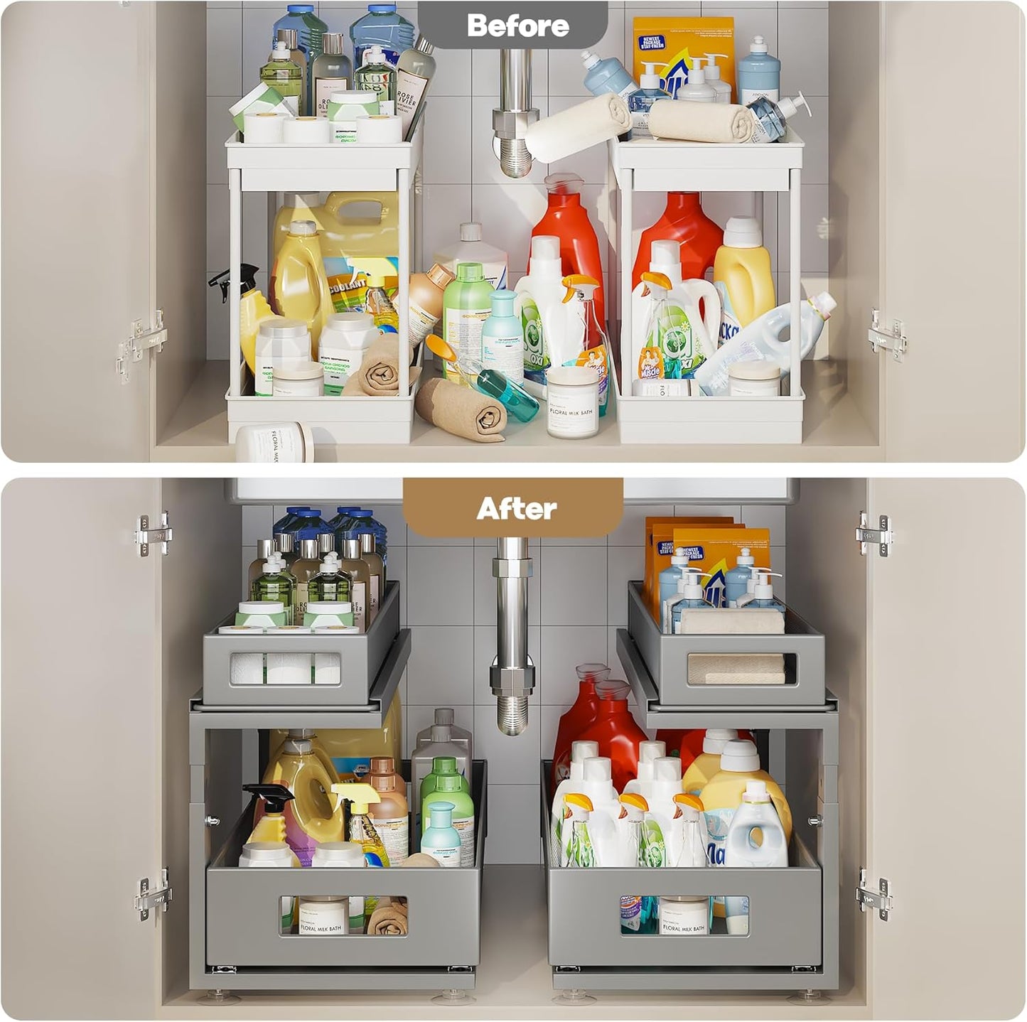 2 Pack 21.3IN-Depth Under Sink Organizer with Next-Gen Ball-Bearing Slides,2-Tier Pull Out Cabinet Storage,Height Adjustable Drawer Shelf for Bathroom,Kitchen,Laundry,Cabinet,Pantry-Gun Gray