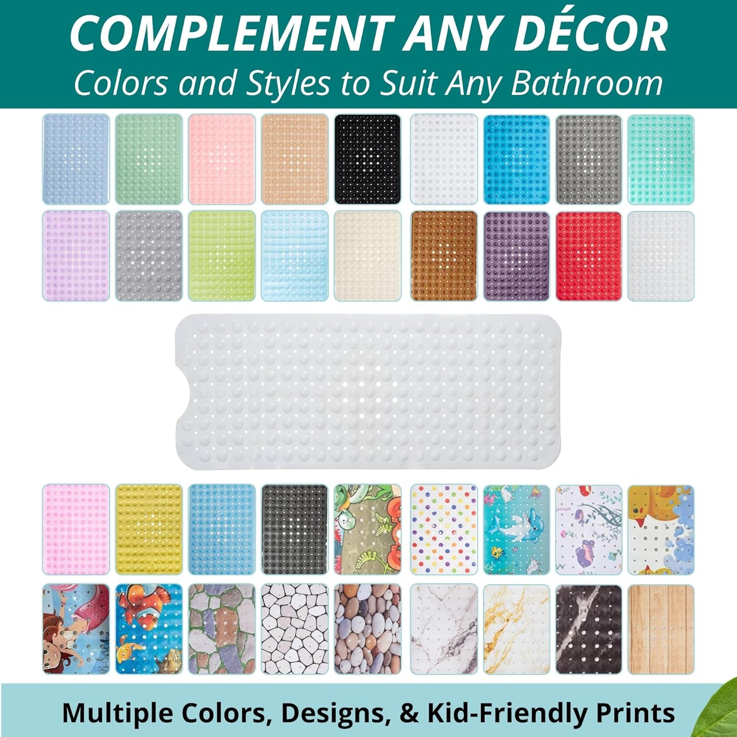 ENKOSI Bath Mat – 40 x 16 Inch Non-Slip Shower Mat for Bath Tub & Shower with Strong Suction Cups – Anti Slip Large Bathtub Mat with Drain Holes – for Smooth Floors Only (40x16 White)