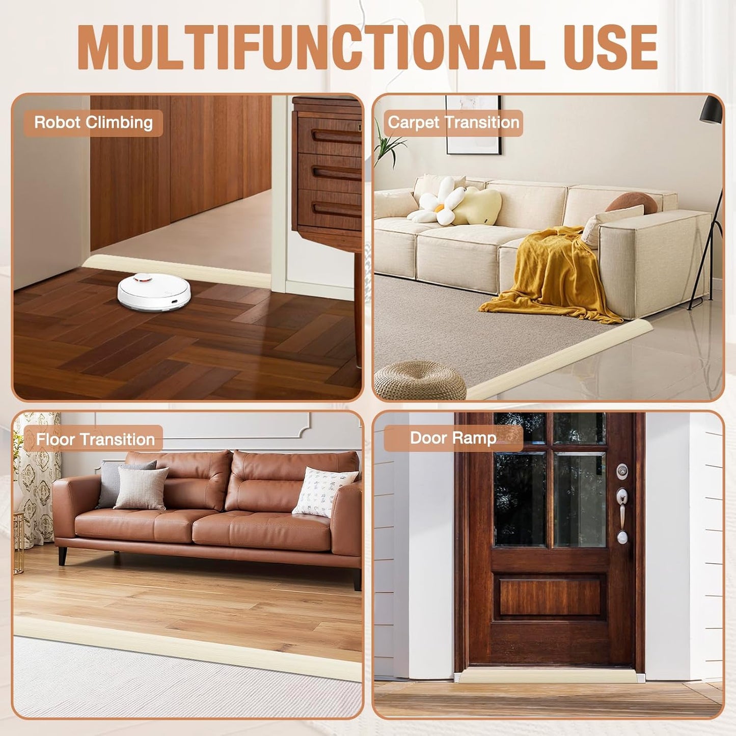 Floor Transition Strip Self Adhesive Vinyl Door Threshold for Doorways Carpet Edging Trim Overlap Edge Reducer for Laminate Floor, Carpet, Tile (Beige Wood Grain, 3/5" to 4/5", 6.6Ft)