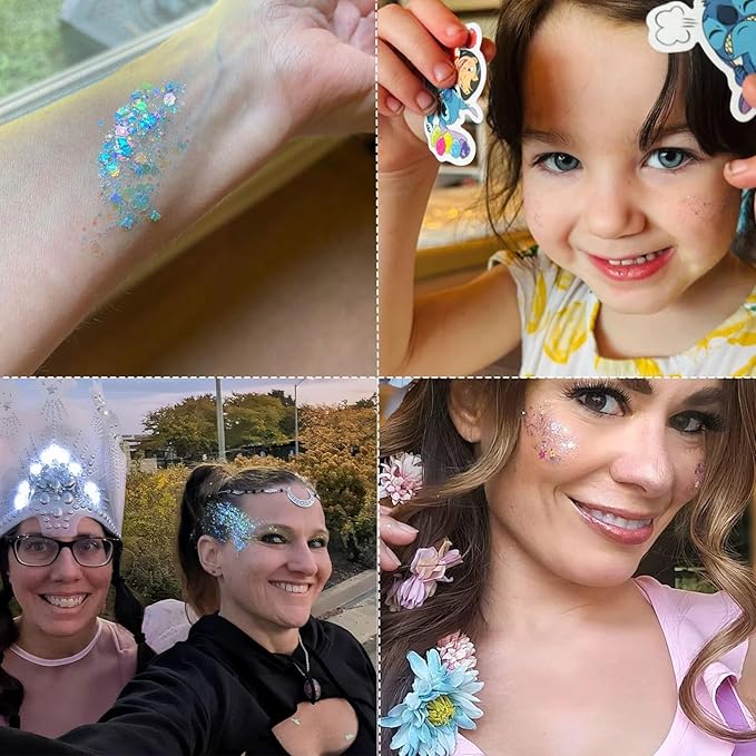 Body Face Glitter Makeup for Kids Women, Sparkly Chunky Hair Glitter, Mermaid Birthday Decorations Rave Outfits for Women (Pink Body Glitter)