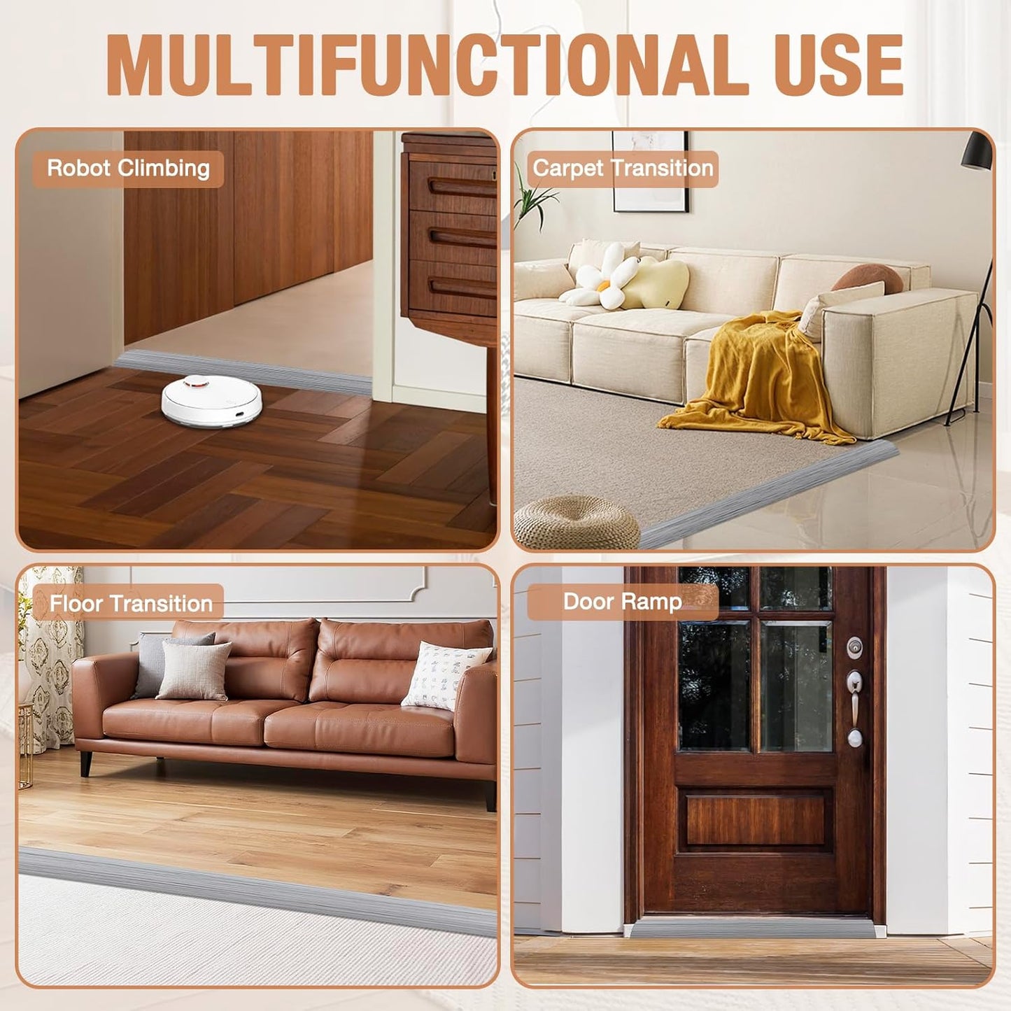 Floor Transition Strip Self Adhesive Vinyl Door Threshold for Doorways Carpet Edging Trim Overlap Edge Reducer for Laminate Floor, Carpet, Tile (Light Gray Wood Grain, 1/5" to 2/5", 3.3Ft)