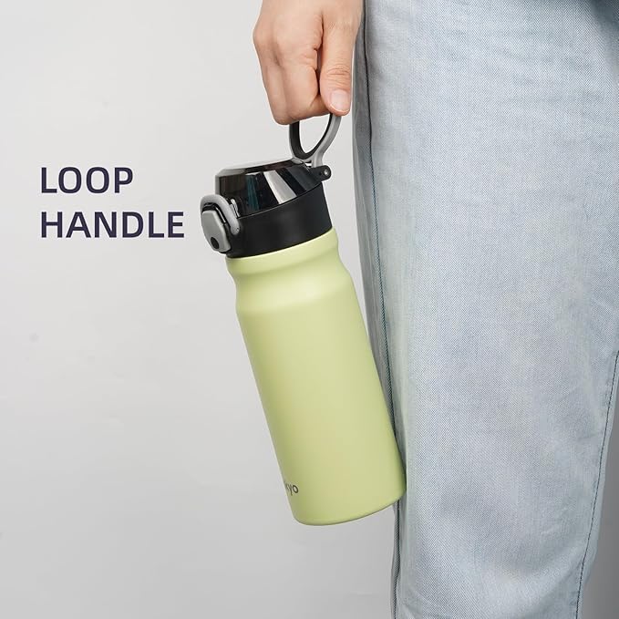 Insulated Water Bottle with Straw and Carry Loop,18 oz Stainless Steel Double Wall Vaccum Metal Water Flask with Leak-proof Lid,Macaron Green