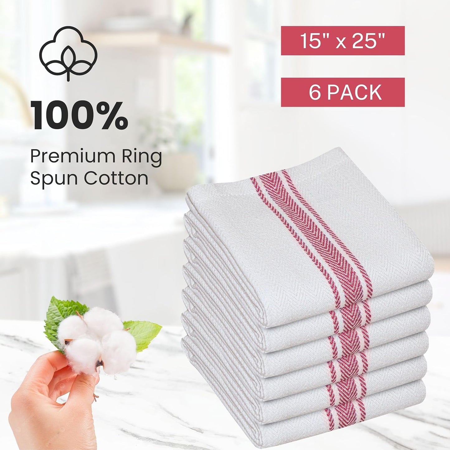 WHITEWRAP Kitchen Dish Towels for Kitchen, Highly Absorbent for Drying and Cleaning, Durable and Soft Tea Towels – 6 Pack, 100% Ring Spun Cotton 15 x 25 Inches – Red