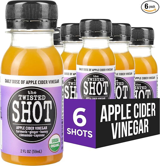 The Twisted Shot | Organic Apple Cider Vinegar Wellness Shots with Ginger, Turmeric, Honey, Cinnamon and Cayenne | Digestion, Immunity and Gut Health Support | Ready to Drink | 6, 2 oz Mini Bottles