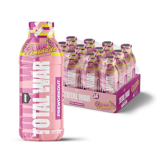 REDCON1 Total War Ready to Drink Preworkout, Pink Lemonade - 350mg of Fast Acting RTD Caffeine - Beta Alanine + Citrulline Malate for Increased Pump - Keto Friendly Workout Drink (12 Servings)