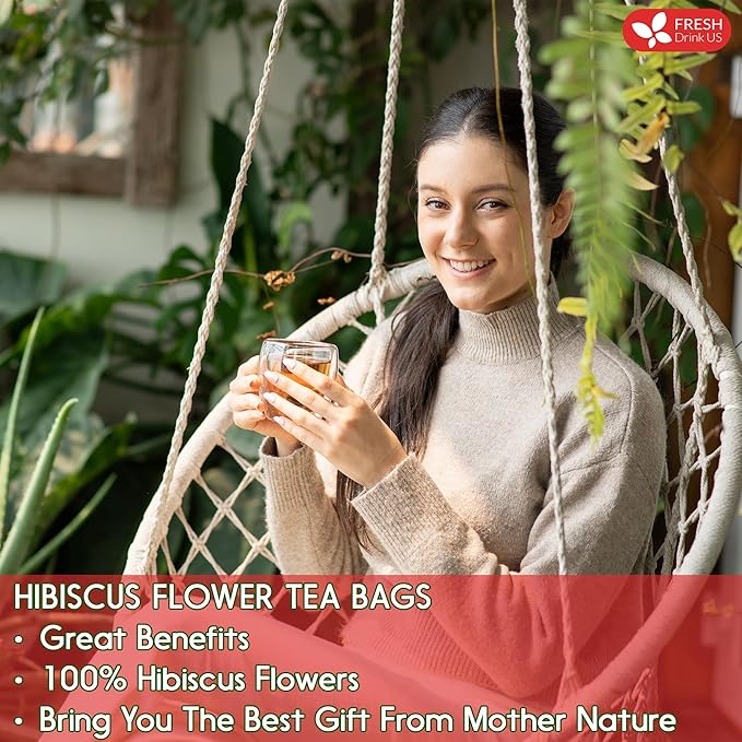 FreshDrinkUS, Premium 140 Hibiscus Flowers Tea Bags, 100% Natural, Handmade & Pure from Hibiscus Flowers. No Sugar/Caffeine/Gluten, Vegan. Tart & Refreshing, Hot or Ice Tea, Great For All Seasons