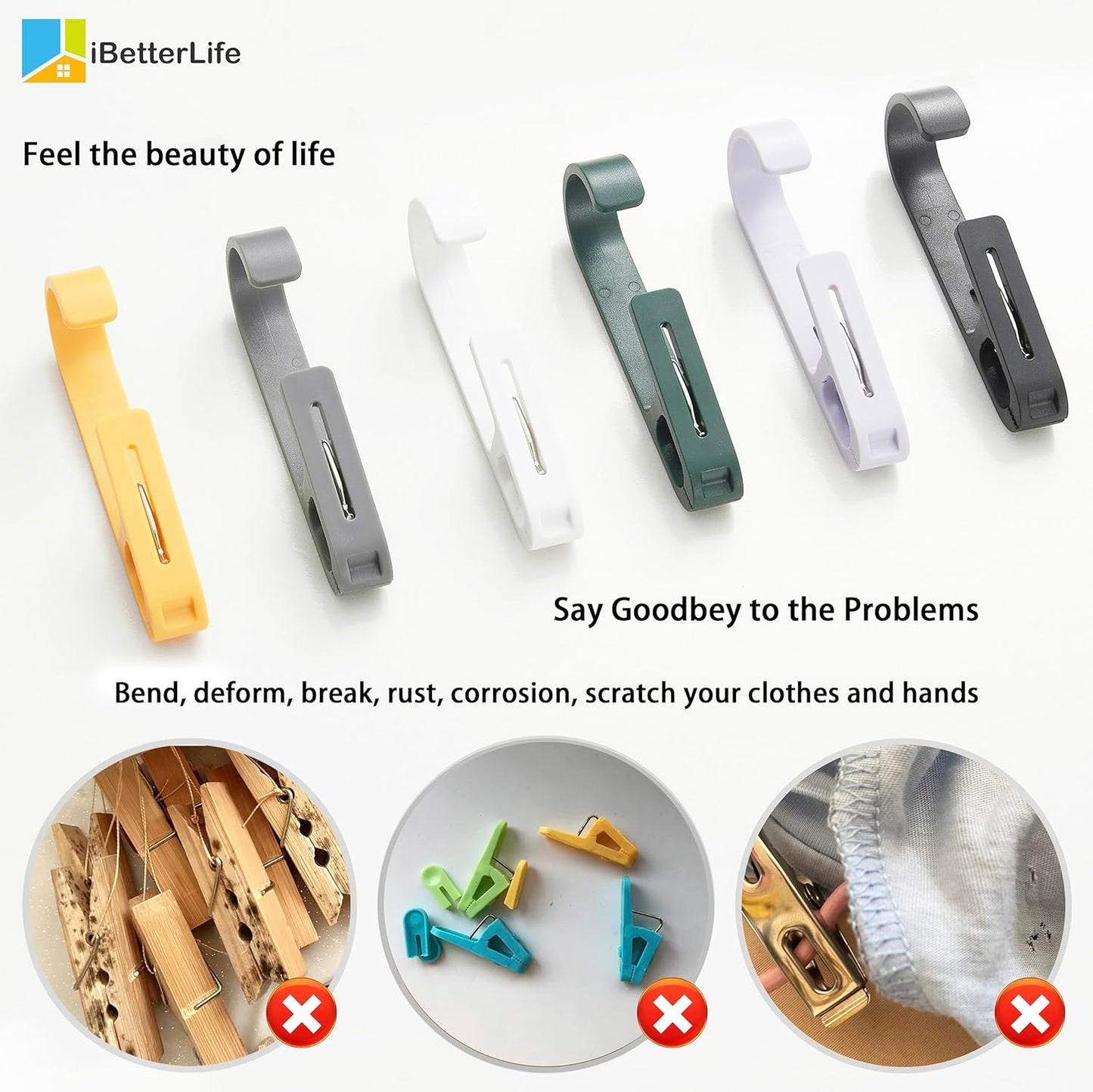 iBetterLife 4Pcs Laundry Hooks Hanging Clips Heavy Duty Outdoor Clothes Pins, Closet Organizer Single Clip Hangers Clamps Socks Boot Bras Underwear Kids Towels for Bathroom Wardrobe Kitchen Office