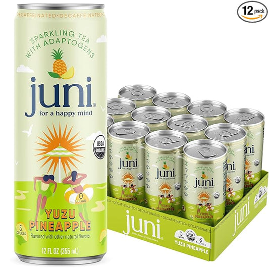Juni Sparkling Adaptogen Drink with Ashwagandha, Lion’s Mane & Reishi Mushrooms | Green Tea for Focus, Zero Sugar, 5 Calories | Decaffeinated, Non Alcoholic Drinks - Yuzu Pineapple 12 pack