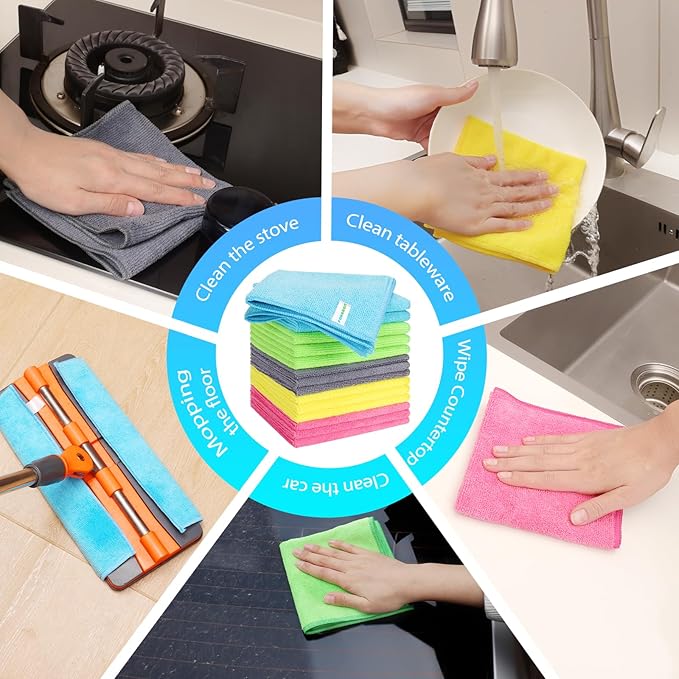 Microfiber Cleaning Cloth, Pack of 15, Lint Free, Absorbent, Streak Free, Non-Abrasive, Reusable and Washable,Cleaning Towels with 5 Color Assorted,11.5"X11.5"(Green/Blue/Yellow/Pink/Grey)