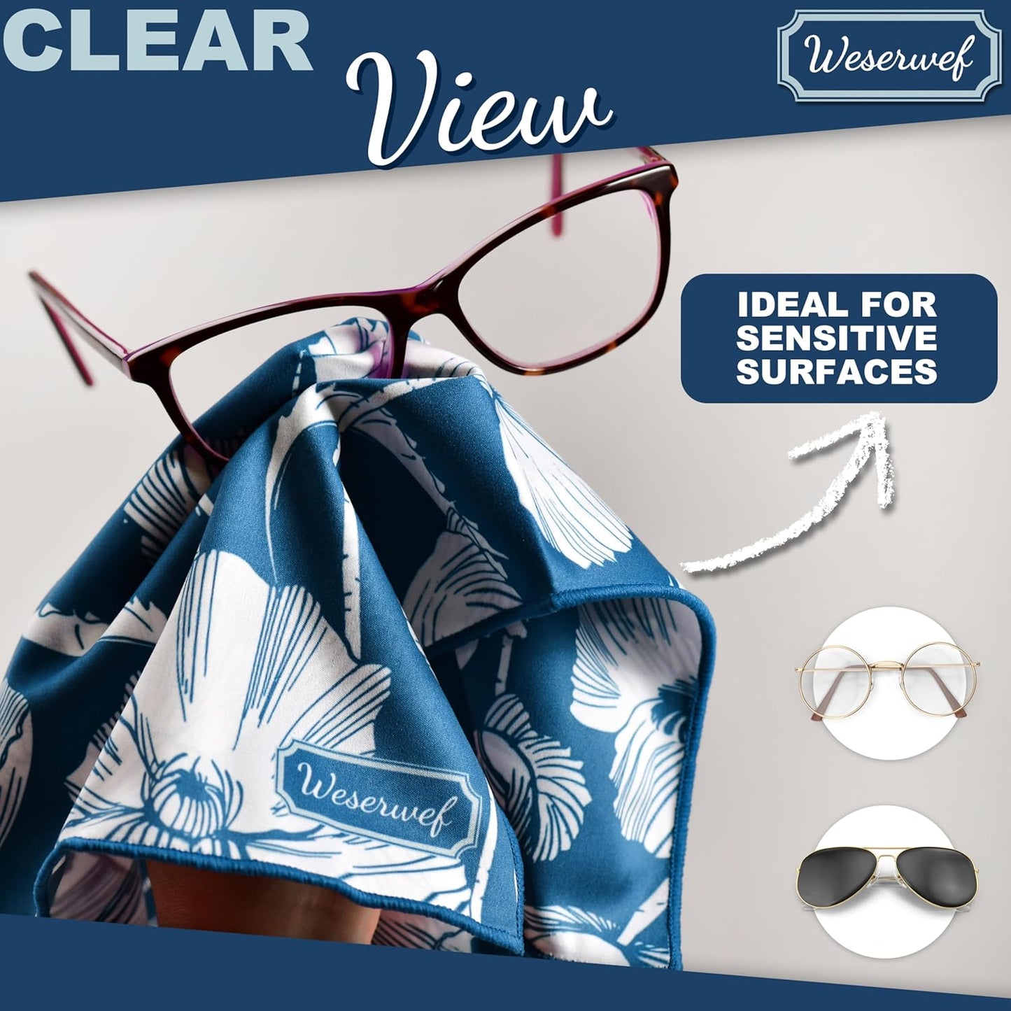 WESERWEF Design Microfiber Glasses Cleaning Cloth – Premium Cleaning Cloth for Eyeglasses, Screens, Tablets, Cameras & Lenses, 12" x 12", Ultra-Soft & Scratch-Free (Blue Poppies)