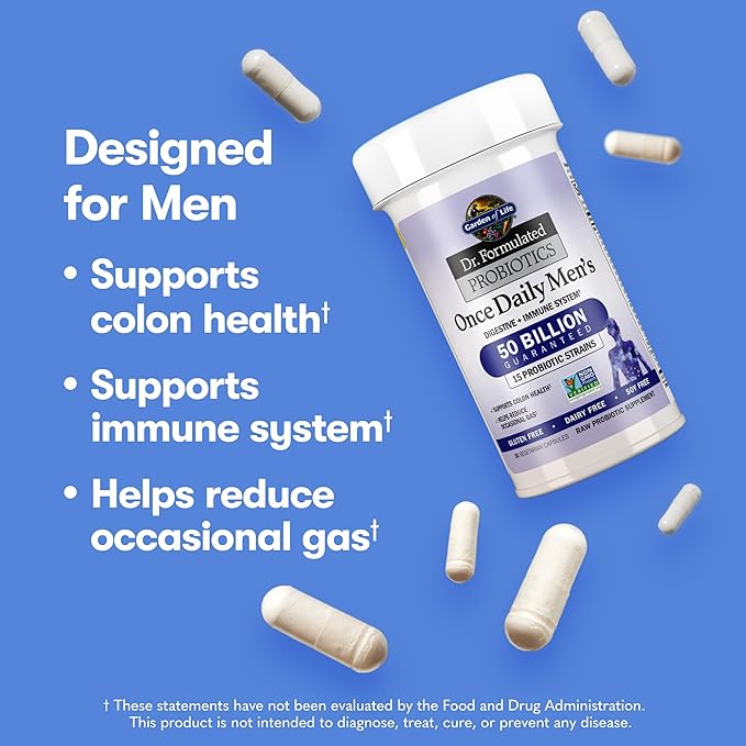Garden of Life Probiotics for Men, Dr Formulated 50 Billion CFU 15 Probiotics for Digestive Health + Organic Prebiotic Fiber, Colon & Immune Support, Daily Gas Relief, Shelf Stable, 30 Capsules