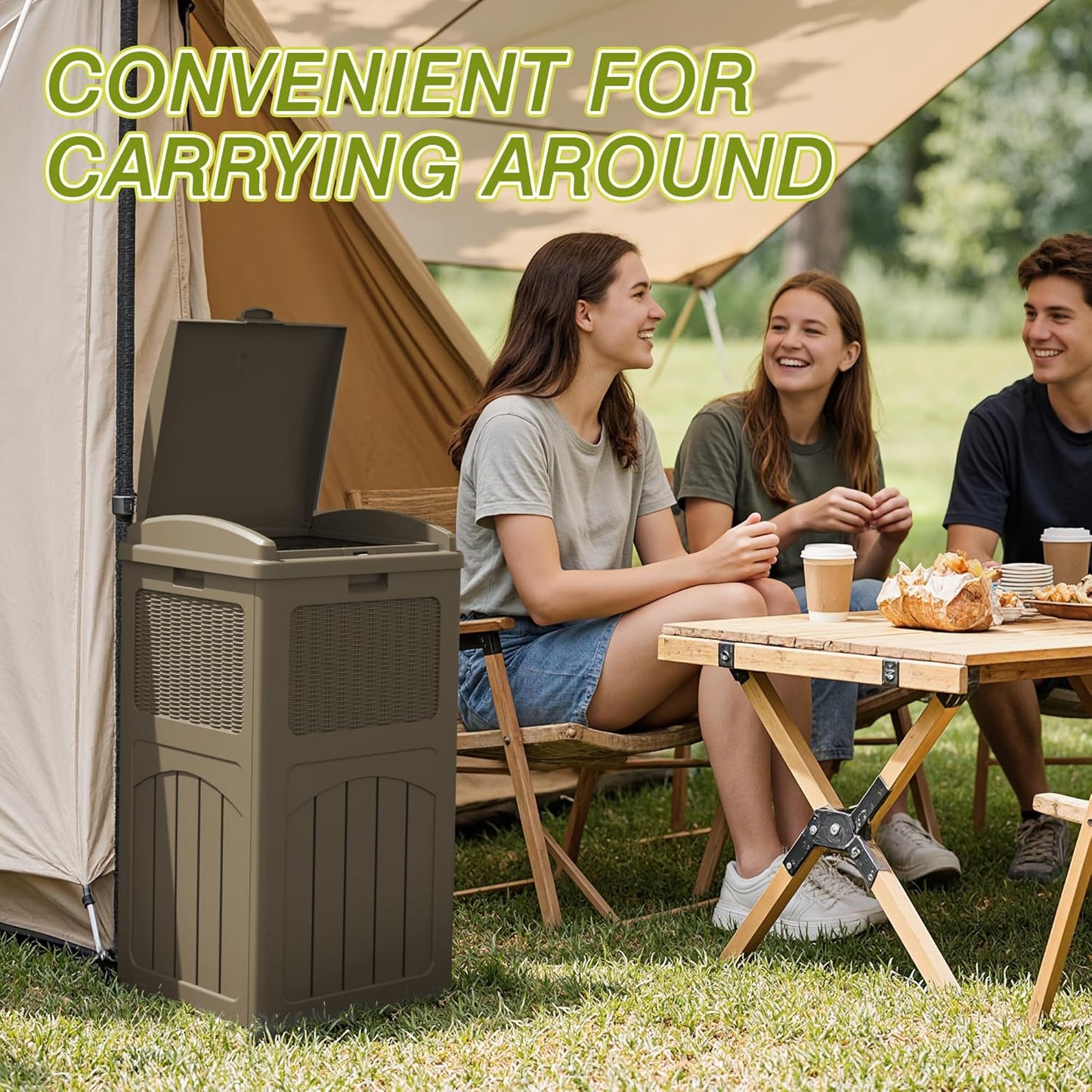 Greesum 33 Gallon Resin Outdoor Trash Can with Lid, Waterproof Resin Garbage Bin for Hideaway, Patio, Deck, 4 Pack, Light Brown