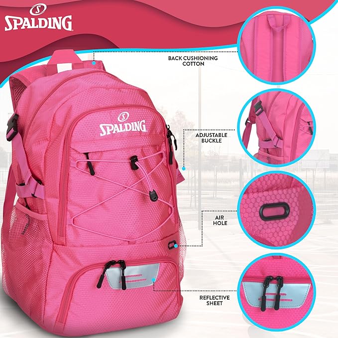 Spalding Basketball Backpack Sports Bag, Pink Backpack with Ball and Shoe Compartment, Use for Basketballs Accessories & Stuff, Basketball Gifts for Players, Pink