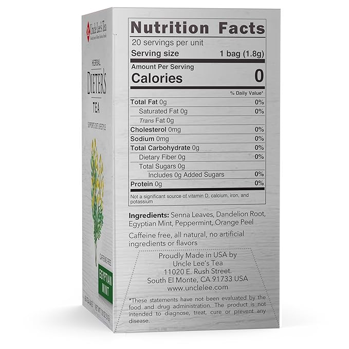Uncle Lee’s Herbal Dieter’s Tea, Egyptian Mint – Senna Tea with Dandelion Root, Mint & Orange Peel, Natural Laxative, Caffeine-Free Tea Bags, 20 Count Ea (Pack of 2)