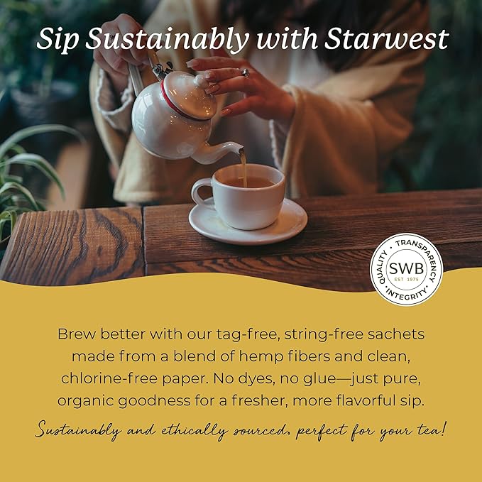 Starwest Botanicals Organic Lemon Ginger Tea - Caffeine Free Herbal Blend for Women & Men, Lemongrass, Ginger Root, & Peppermint Leaf, String Free Sachets, Non GMO - 20 Tea Bags