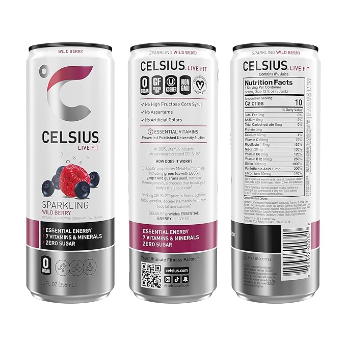 CELSIUS Sparkling Wild Berry, Functional Essential Energy Drink 12 Fl Oz (Pack of 12)