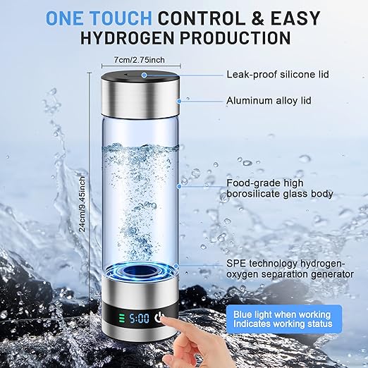 snawowo Glass Hydrogen Water Bottle Generator 16oz/460ml- 2500+PPB Concentration SPE/PEM Technology - Enhanced Vitality Improving Health |Food-grade |LED Display |Type-C Charging for Daily Use or Gift