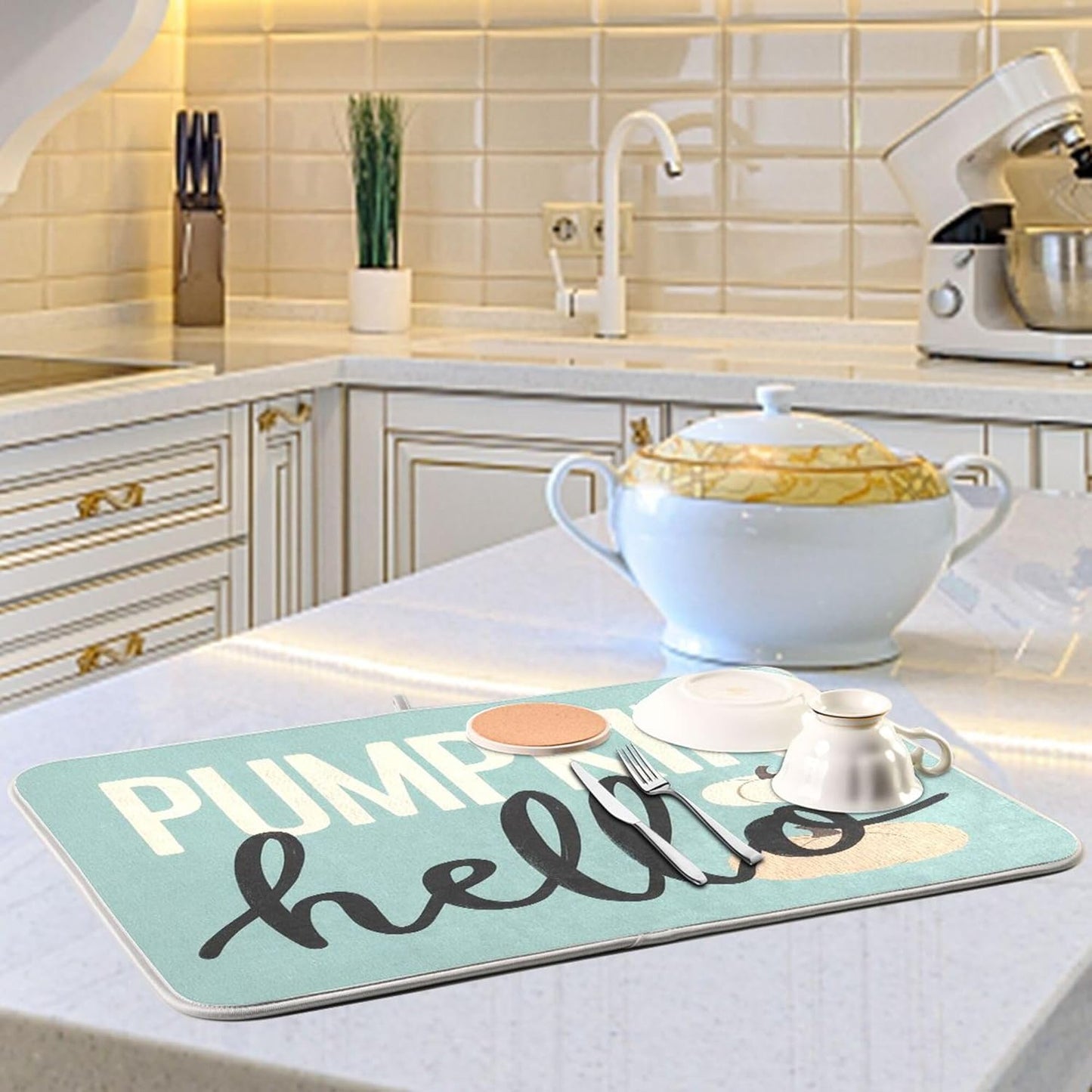 Hello Pumpkin Turquoise Fall Dish Drying Mat for Kitchen Countertop 16x18 Aqua Teal Autumn Small Drying Mat Reusable Quick Dry Dish Sink Mats Easy Clean Decorative Essentials