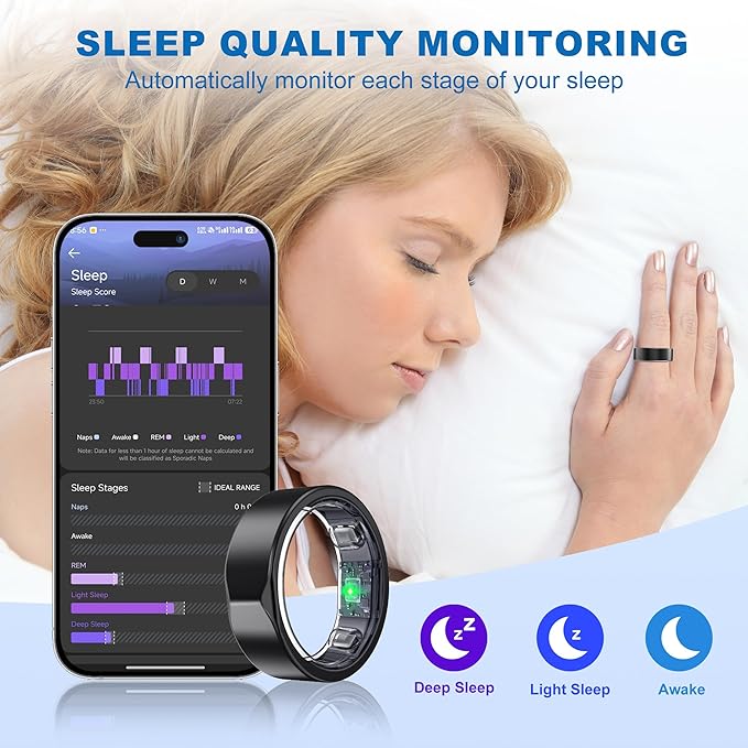 Smart Ring for Women Men - Titanium Health Fitness Tracker Ring with Heart Rate, Step Counting, Calories, Sleep & Stress Monitor for iPhone and Android, No Subscription Fee (Black, 11)