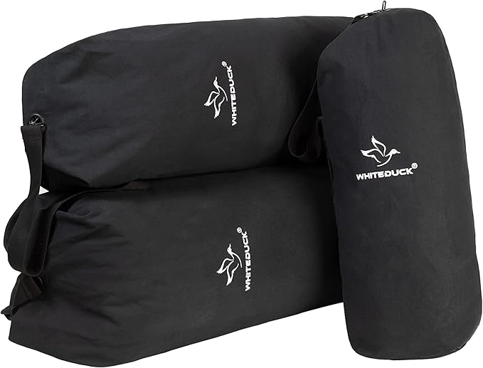 WHITEDUCK Top Load Canvas Folding Duffel Bag, Water Resistant Army Style Shoulder Bag for Men and Women- Gym, Sports, Travel, Hiking, Camping, Backpacking (Small 21" x 36",Black)