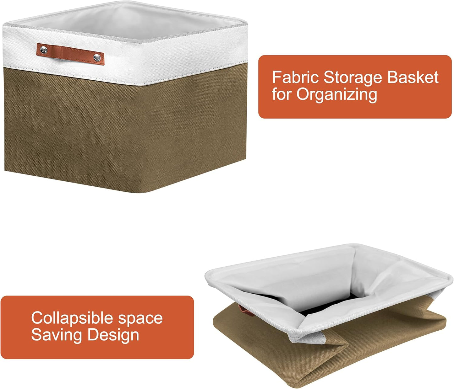 11in Open Fabric Storage Basket with Leather Handles for Organizing, Collapsible Linen Closet Bins for Shelves, Closets, Laundry, Decorative Basket for Gifts. (White&Brown, 2PCS/11x11in)