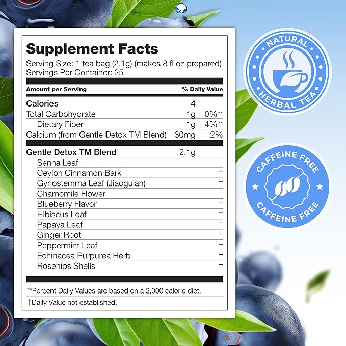 Total Tea SIimming Detox Tea Caffeine Free - 25 Day Detox - Herbal Tea with Chamomile, Hibiscus Tea & Ginger Root for Colon Cleanse – Natural Bluebberry Herbal Tea
