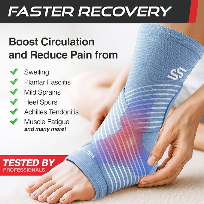 Sleeve Stars Ankle Brace for Women & Men, Ankle Wrap for Sprain, Compression Sleeve for Plantar Fasciitis Relief, Easy Customizable Support: w/ Removable Strap (Single/M:10"-12"/Light Blue)