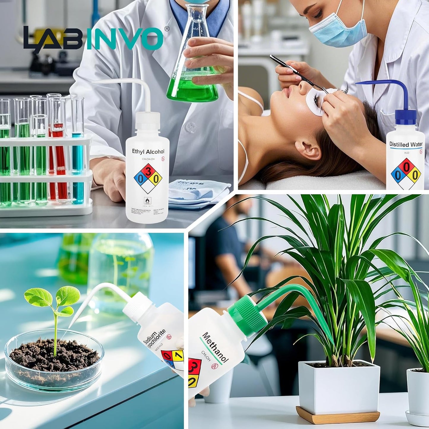 4PCS of Ethyl Alcohol Wash Bottles, Vol.500ml (17oz), Narrow Mouth, Self-Venting Safety Wash Bottle, LDPE Material, IN-WBE500