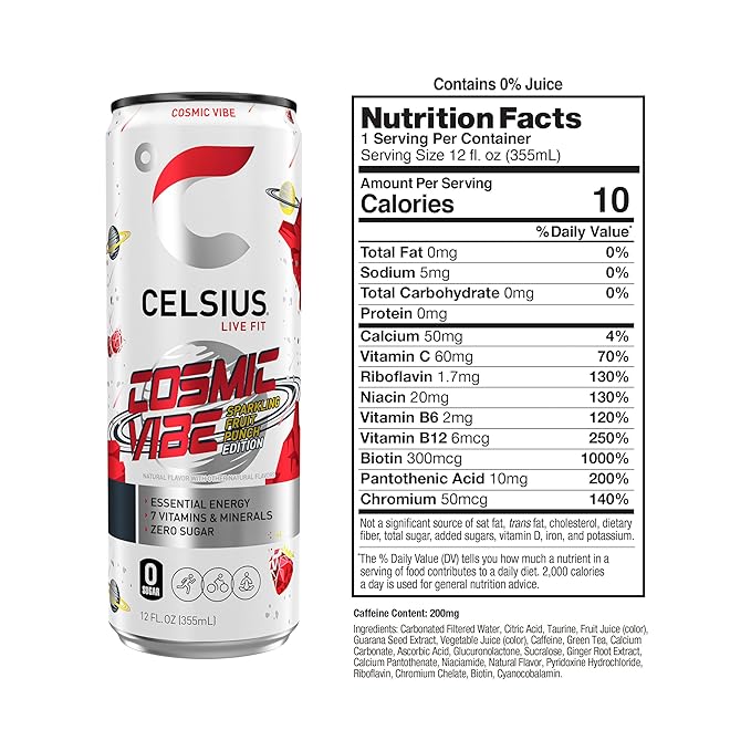 CELSIUS COSMIC VIBE Sparkling Fruit Punch, Sugar Free Energy Drink, 12 Fl Oz (Pack of 12)