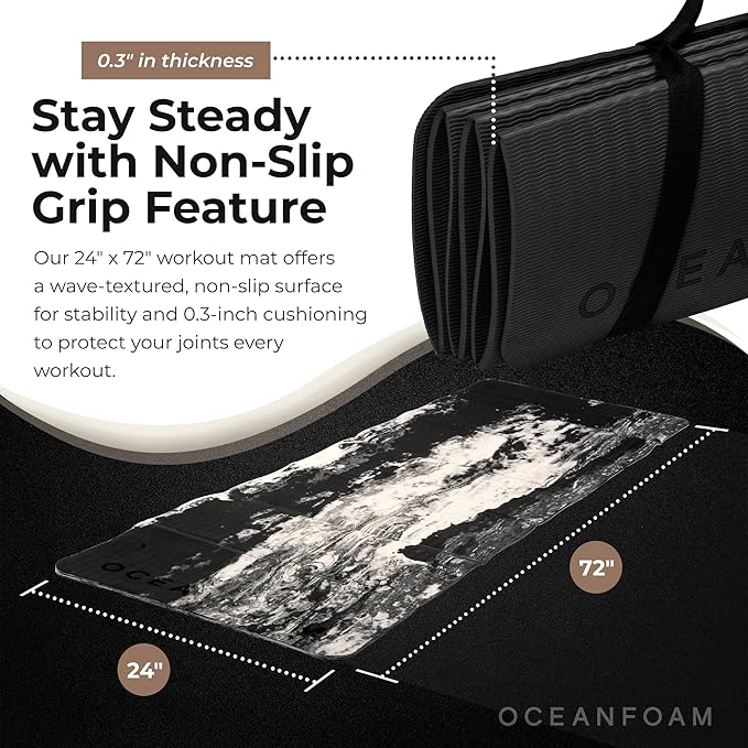 Oceanfoam Travel Workout Mat – 0.3" Thick Folding Exercise Mat for Yoga, Pilates, & Fitness – Non-Slip with Cotton Carrying Strap, Made with Sustainable Algae Foam – 24" x 72" (Black Marbled)
