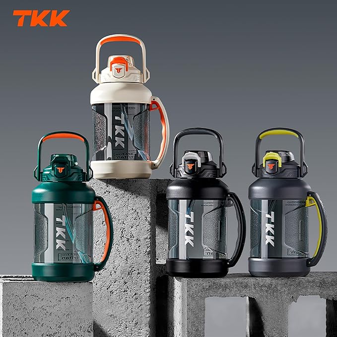 TKK Half Gallon Water Jug Sport Bottle with Straw 2 in 1 Lid Dishwasher Safe BPA Free Leakproof Large Capacity Tritan Plastic Bottle 1/2 Gallon 64oz Water Bottle for Gym Travel Camping Outdoor, Black