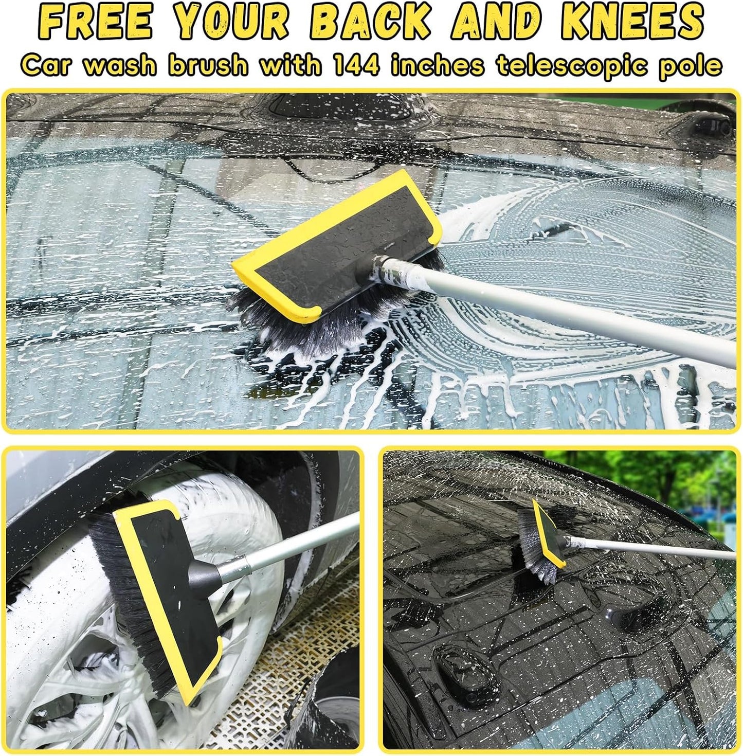 144'' Long Extendable Handle Car RV Wash Brush Kits with Collapsible Bucket, RV, Truck Washing Kit with Extension Pole - Microfiber Car Mop, Bristles Washing Brush, Squeegee Mitt, RV-Wash Cleaning Kit