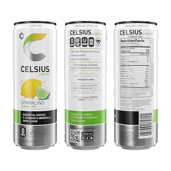 CELSIUS Sparkling Lemon Lime, Sugar Free Energy Drink, 12 Fl Oz (Pack of 12)