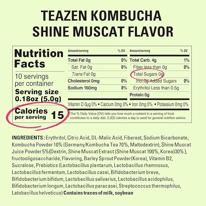 TEAZEN Shine Muscat Kombucha Tea, Electrolyte & Hydration Drink Mix, Sugar Free, Live Probiotics & Prebiotics, 30 Sticks, 5.29oz