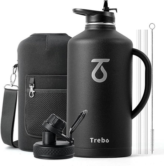 Trebo 128 oz Water Bottle Insulated with Handle, One Gallon Stainless Steel Metal Large Jug, Travel Flask with Straw Spout Lid, Mug Tumbler Cup with Carry Pouch, Keep Cold Hot, Black