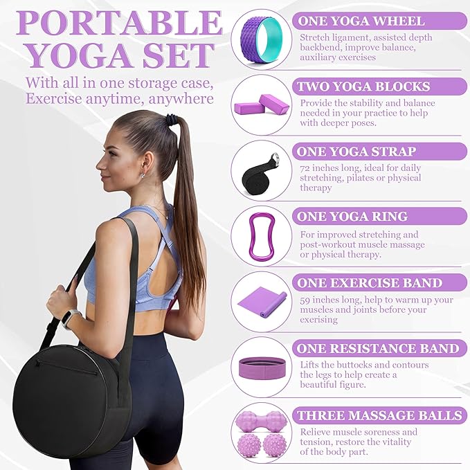 Yoga Wheel Set, Wheel Foam Roller with Back Cracker Roller for Pain Relief & Deep Tissue Massage and Stretching 500lbs Capacity, Trigger Point Therapy Massage Ball, Yoga Blocks 2 Pack with Strap