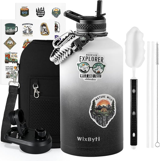 One Gallon Water Bottle Insulated, Triple Wall Vacuum Cold for 48 Hrs & Leak-proof & Non-BPA, 128oz Large Sports Stainless Steel Water Jug with Paracord Handle Straw Spout Lids & DIY Stickers