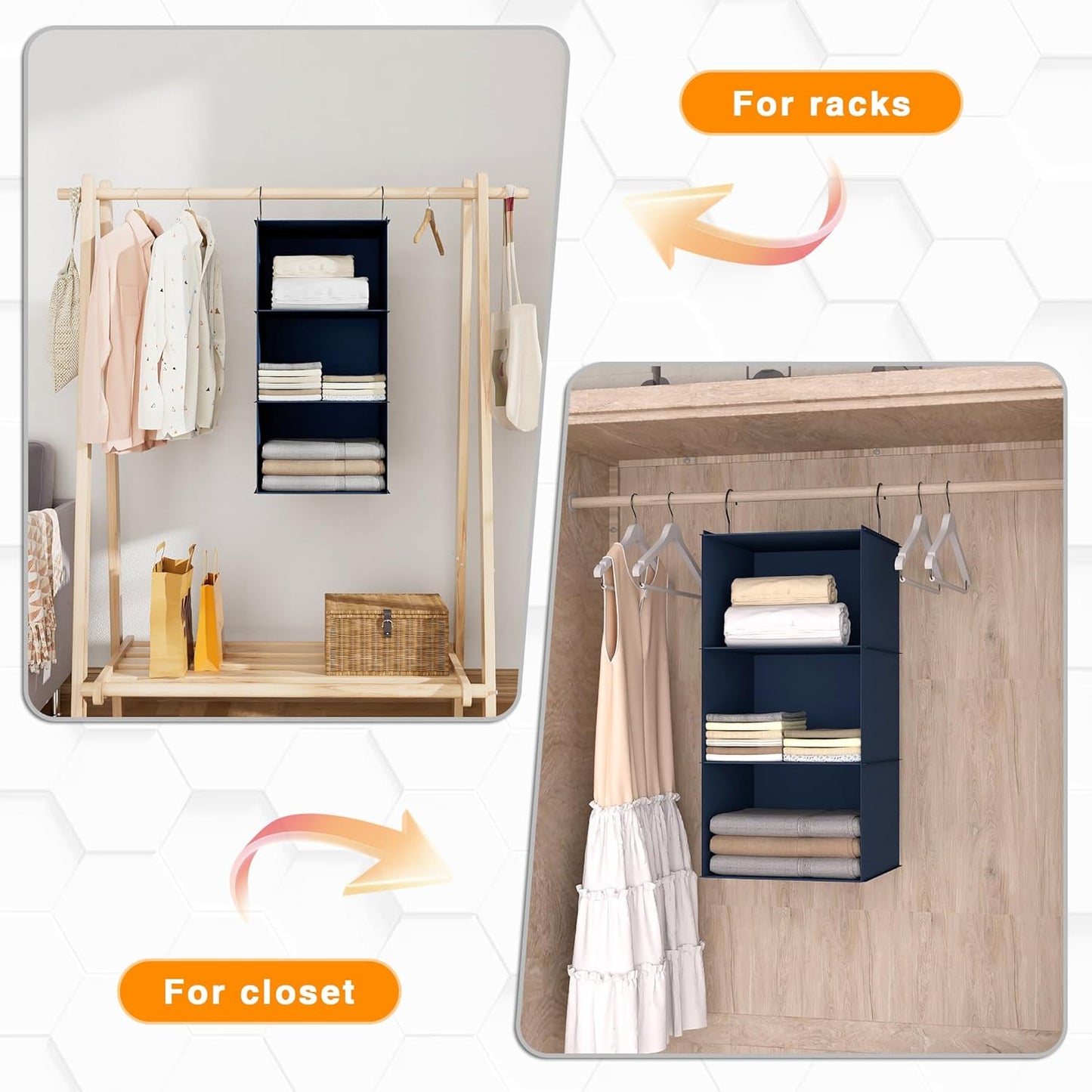 Hanging Closet Organizer - 3-Shelf, Easy Mount Foldable Wardrobe Storage Shelves for Clothes, Handbags, Shoes & Accessories - Washable Oxford Cloth Fabric, Navy Blue