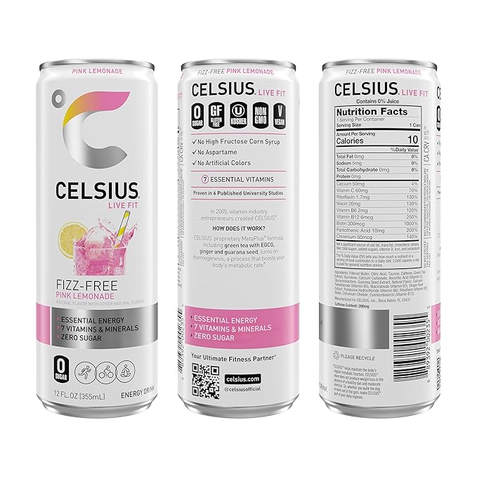 CELSIUS Fizz Free Pink Lemonade, Sugar Free Energy Drink, 12 Fl Oz (Pack of 12)