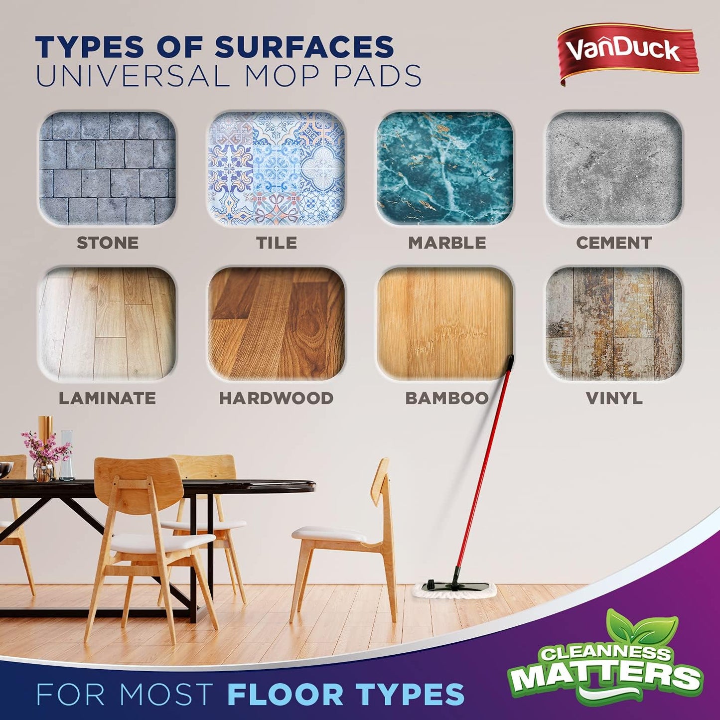 VanDuck 100% Cotton Terry Mop Pads 15x8 Inches 3-Pack, Terry Cloth Mop Covers (Handle is Not Included)