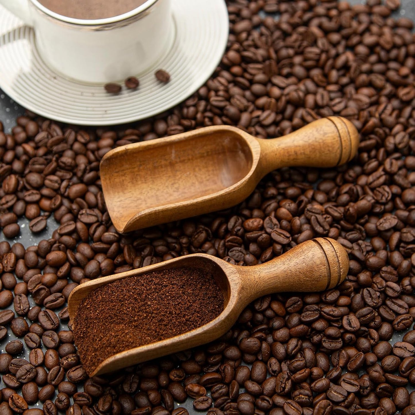 Big Coffee Scoop Shovel, 2pcs Wooden Scoop for Jars, Acacia Large Ground Coffee Scoop 5.9″ Measuring Spoons for Coffee Scoops, Tea, Powder- Multifunctional Kitchen Scoop for Bath Salts,Laundry